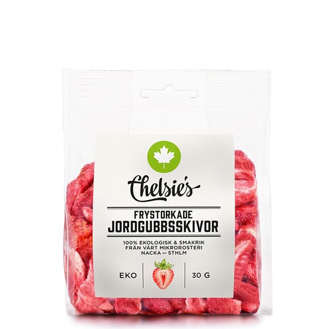 Chelsies Organic Gourmet Products Frystorkade Skivade Jordgubbar 30 g Frysetørkede Skivede Jordbær 30 g