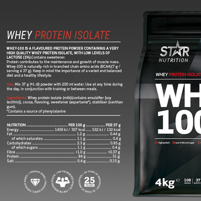 Whey-100, 4 kg, Sjokolade  Whey-100 Myseprotein 4 kg Choklad