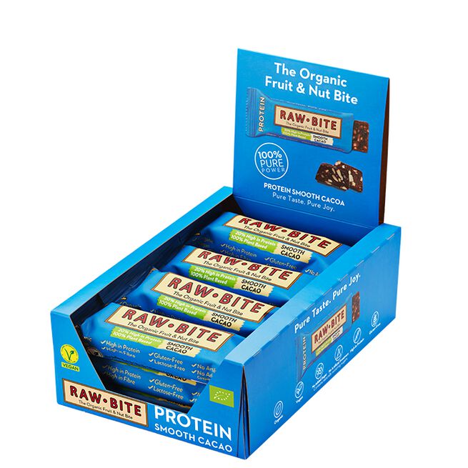 12 x Organic protein smooth cacao 45 g 12 x Frukt & Nøttbar 50 g Protein/Kakao