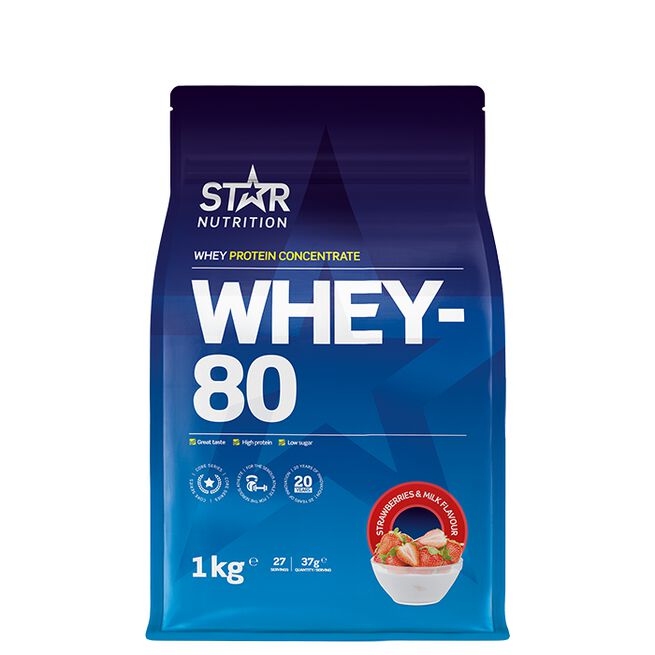 Star nutritio whey-80 protein shake Strawberry and milk Jordgubb mjölk Whey-80 Myseprotein 1 kg Jordgubbar & Mjölk