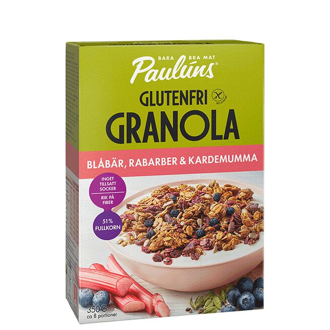 Glutenfri Granola Blåbär Rabarber Kardemumma 350 g Glutenfri Granola Blåbær Rabarbra Kardemomme 350 g