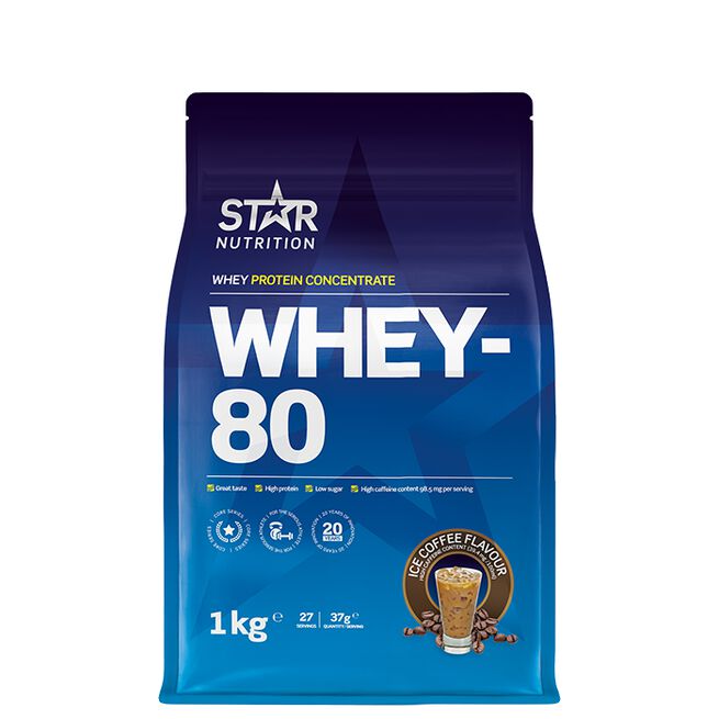 Star nutritio whey-80 protein shake Haelnut Nougat Whey-80 Myseprotein 1 kg Ice Coffee