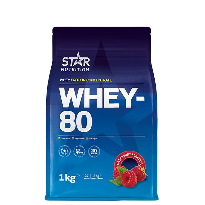 Star nutritio whey-80 protein shake Raspberry Whey-80 Myseprotein 1 kg Hallon