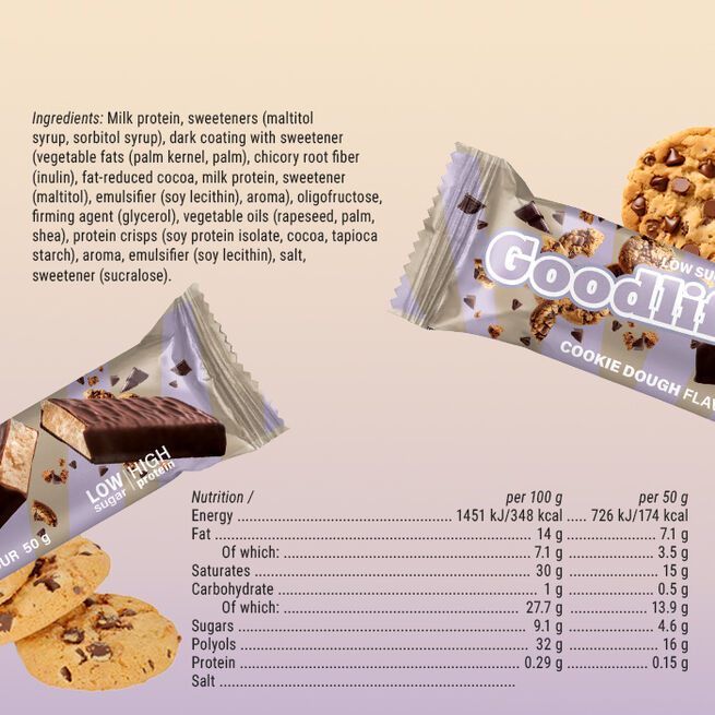 15 x Goodlife Low Sugar 50 g Cookie Dough  15 x Low Sugar Proteinbar 50 g Cookie Dough (NEW!)