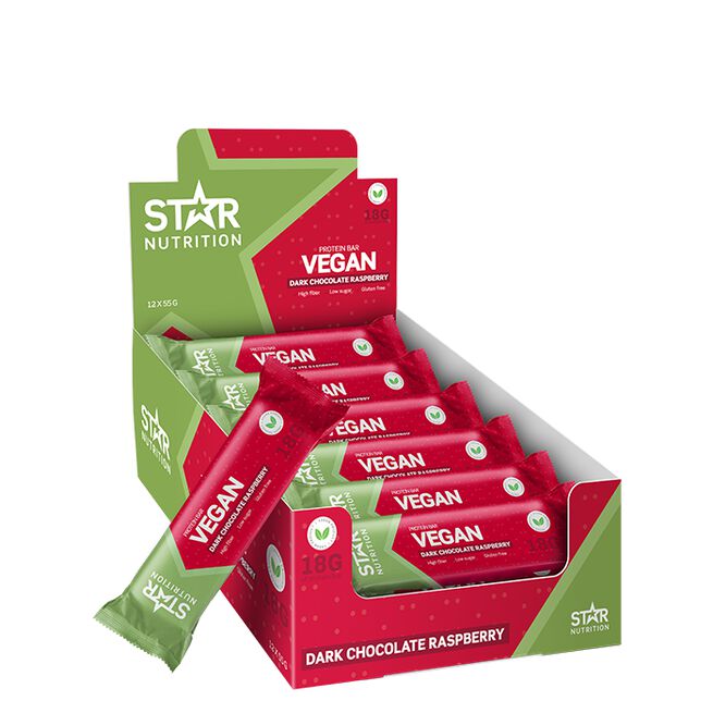 12 x Star Nutrition Vegan Protein bar, 55 g, Raspberry Chocolate  12 x Vegansk Proteinbar 55 g Raspberry Chocolate