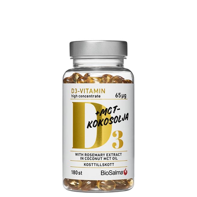 BioSalma D3-vitamin 65µg i MCT-kokosolja 180 kapslar Vitamin D3 65μg i MCT-kokosolje 180 kapsler