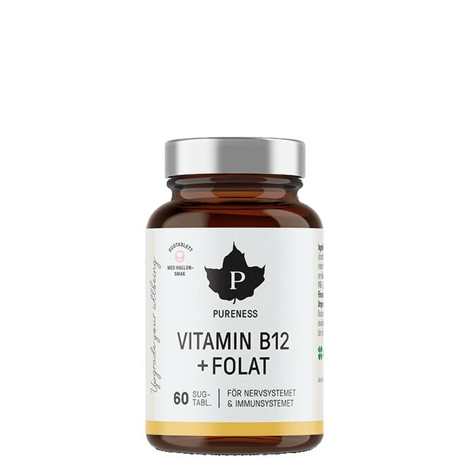 Vitamin B12 + Folat Hallon 60 sugtabletter Vitamin B12 Plus Folat Bringebær 60 sugetabletter