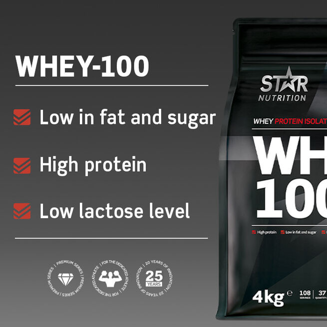 Whey-100, 4 kg, Sjokolade  Whey-100 Myseprotein 4 kg Choklad