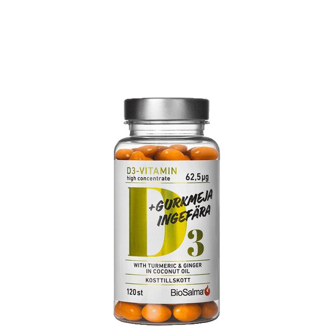D3 62,5µg + Gurkmeja Ingefära, 120 kapslar D3-Vitamin + Gurkemeie Ingefær 120 kapsler