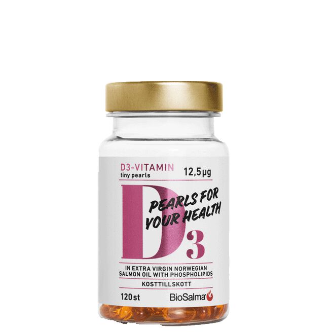 D3-vitamin 12,5µg Tiny Pearls 120 kapslar  Vitamin D3 + Lakseolje 120 små kapsler