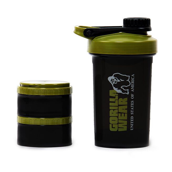 Shaker 2 Go 500 ml + 130 ml x 2, Black/Army Green  Shaker 2 Go Svart/Grønn 500 ml + 130 ml x 2