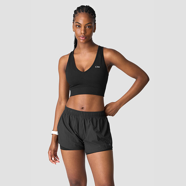 Ribbed Define Seamless Cropped V-neck Tank Top, Black Ribbet Seamless Cropped Trenings-topp Svart