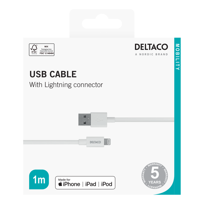 USB-A til Lightning Ladekabel Hvit 1 m