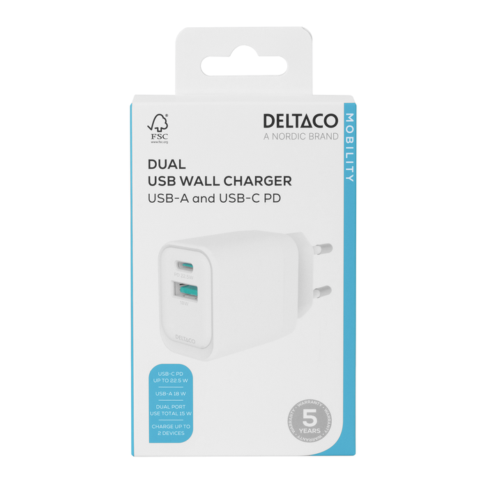 Vegglader USB-A 18 W og USB-C PD 20 W Hvit