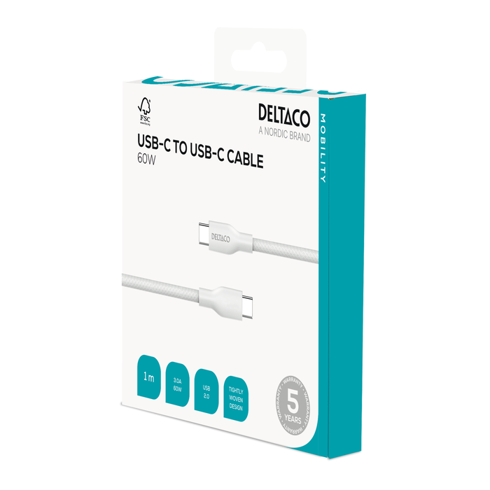 USB-C til USB-C Ladekabel Flettet 60 W Hvit 1 m